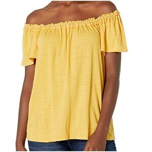 Max Studio Women's On/Off Shoulder Cap Sleeve Crinkled Knit Jersey Top, Sunshine